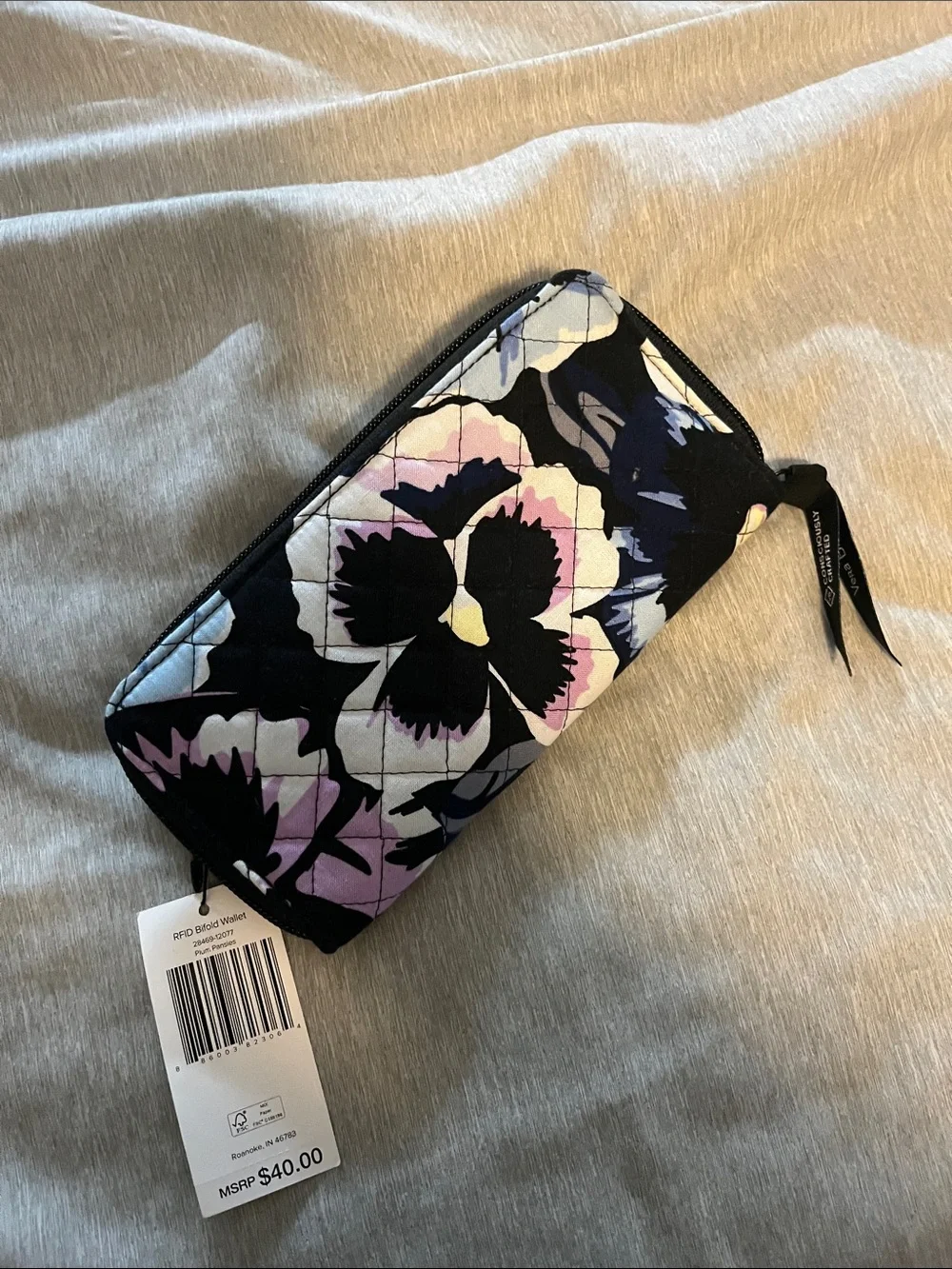 Vera Bradley Quilted Zip Wallet — Black, White & Lavender Floral